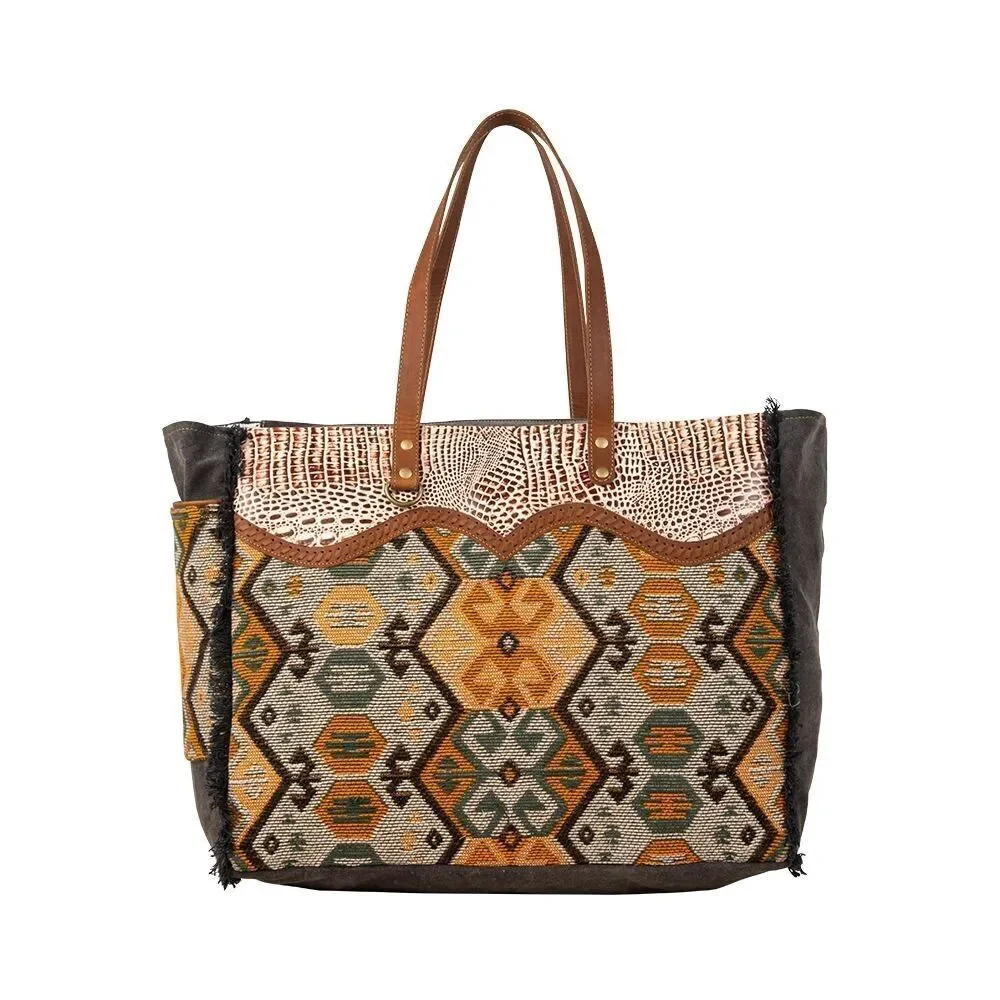 Myra Bag Handmade Seneca Weekender Bag Upcycled Canvas & Cowhide Leather